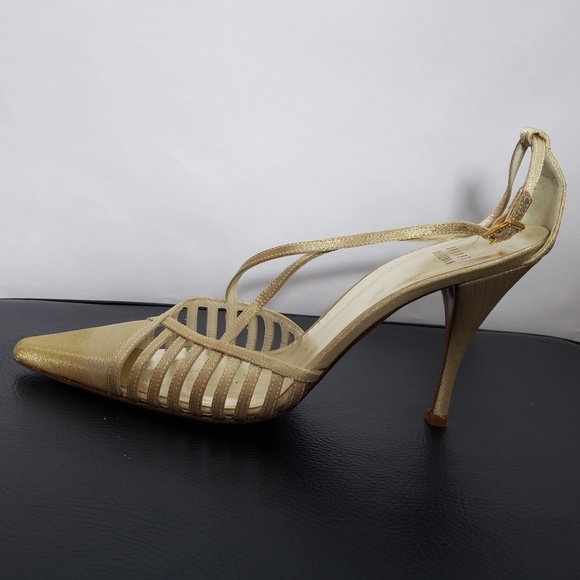 Stuart Weitzman Gold Pearl Criss Cross Heels 6.5 - Picture 4 of 6